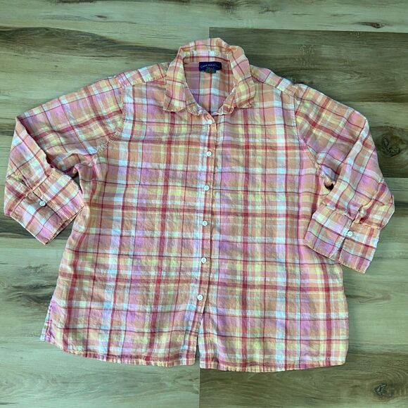 Charter Club Shirt Womens 18W Linen Pink Plaid Button Up Long Sleeve Top - Picture 1 of 5